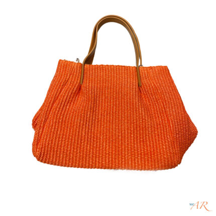 Borsa rafia con manici in vera pelle